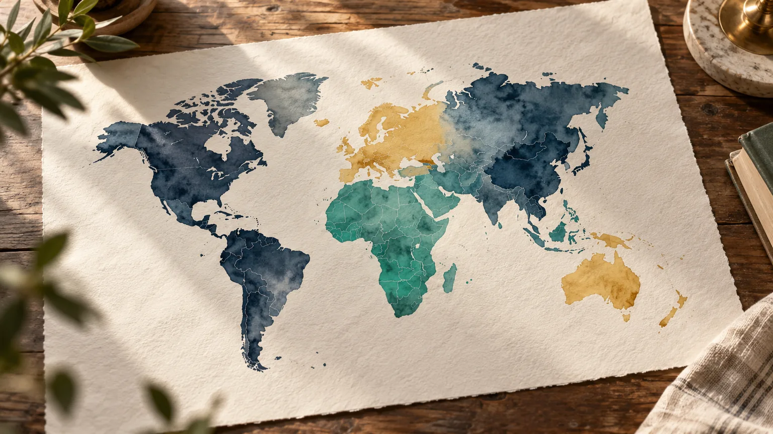 Carte du monde stylisée avec des zones colorées représentant des régions d'origine